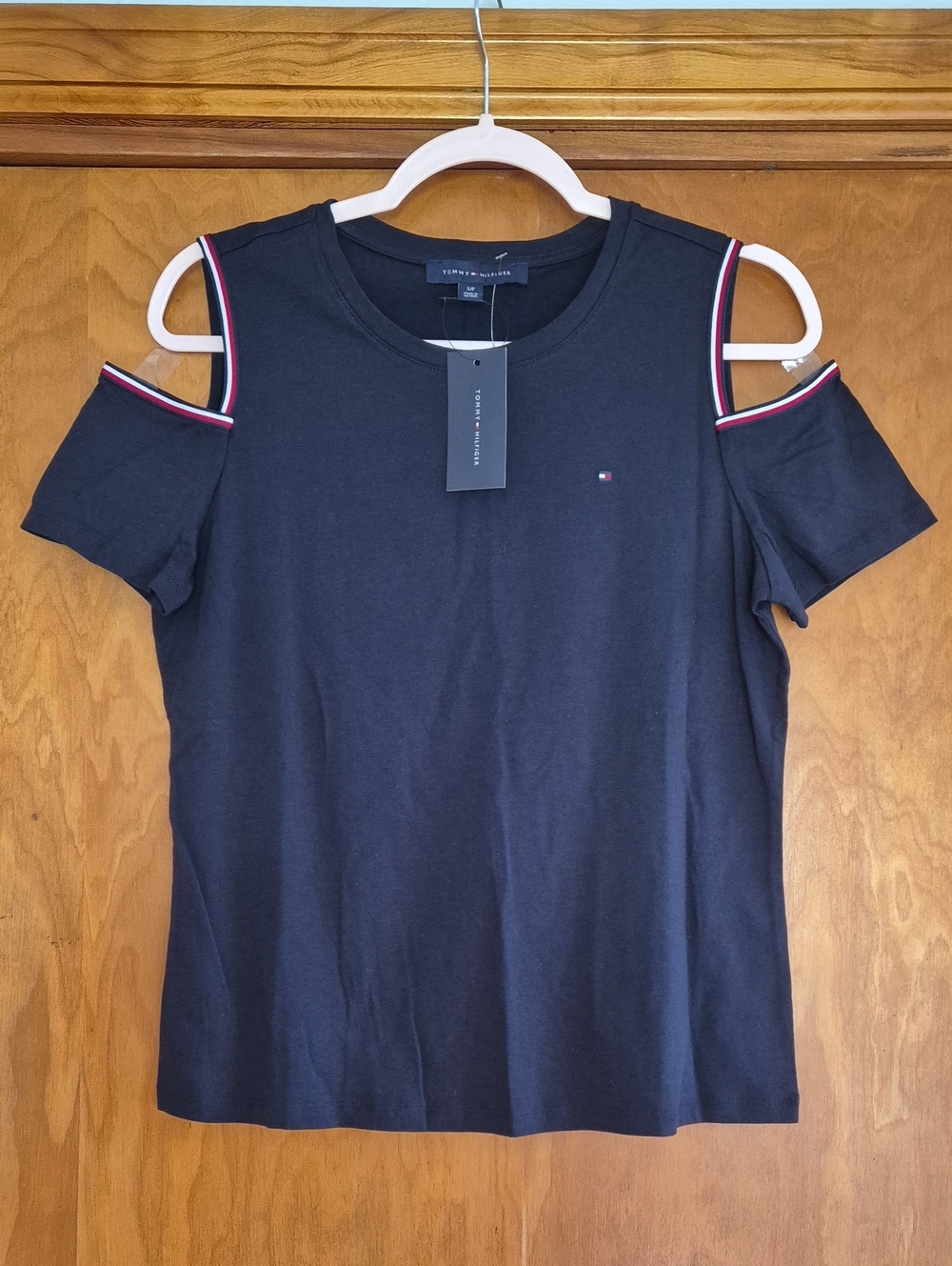 Tommy Hilfiger Dark Blue Cold-Shoulder Tee with Signature Trim, size S
